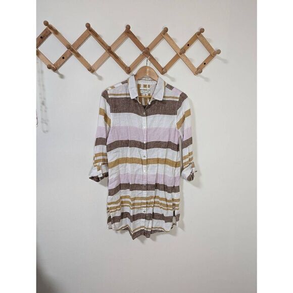 Rachel Zoe 100% Linen Striped Tunic Length Button Down Top - Size M - Picture 1 of 7
